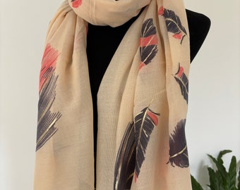 Cream Viscose Scarf: Hand Block Feather Print with Gold