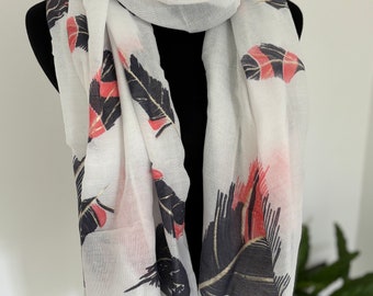 Hand Block Printed Feather Scarf: White Viscose with Gold Lines