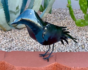 Handmade Metal Black Crow Raven | Farmhouse Yard Art Garden Decor | Artisan Made Landscape Sculpture | Lawn Ornament
