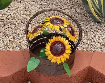 Handmade Metal Sunflower Basket Bouquet | Yard Art Spring Garden Decor | Artisan Made Landscape Sculpture | Blooming Lawn Ornament