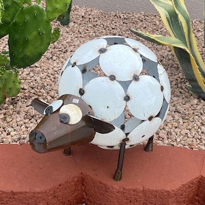 Handmade Metal Round Sheep | Farmhouse Yard Art Garden Decor | Artisan Made Landscape Sculpture | Whimiscal Farm Lawn Ornament