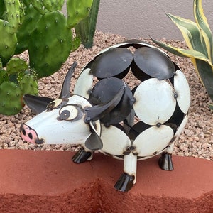 Handmade Metal Round Cow | Farmhouse Yard Art Garden Decor | Artisan Made Landscape Sculpture | Whimiscal Farm Lawn Ornament