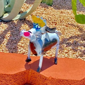 Handmade Metal Springhead Cow | Farmhouse Yard Art Garden Decor | Artisan Made Landscape Sculpture | Whimiscal Farm Lawn Ornament