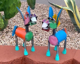 Handmade Metal Multicolor Donkey | Yard Art Garden Decor | Artisan Made Landscape Sculpture | Farmhouse Lawn Ornament