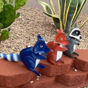 Handmade Metal Sitting Raccoon | Yard Art Garden Decor | Artisan Made Landscape Sculpture | Lawn Ornament