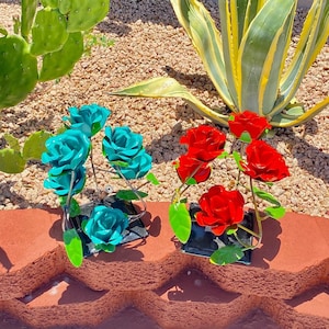 Handmade Metal Curved Rose Bouquet | Yard Art Spring Garden Decor | Artisan Made Landscape Sculpture | Blooming Lawn Ornament