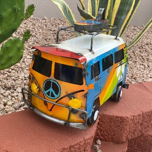 Handmade Metal Camper Van Truck Hippie 80s | Peace and Love Yard Art Garden Decor | Artisan Made Landscape Sculpture | Lawn Ornament