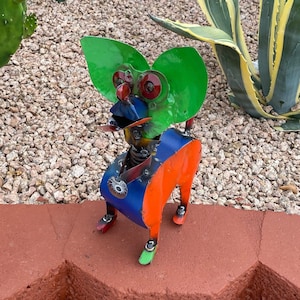 Handmade Metal Multicolor Chihuahua Dog | Yard Art Garden Decor | Artisan Made Landscape Sculpture | Lawn Ornament