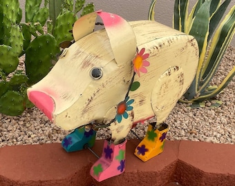 Lifesize Rustic Metal Pig with Boots Multicolor | Farmhouse Yard Art Garden Decor | Artisan Made Landscape Sculpture | Lawn Ornament