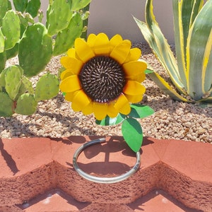 Handmade Metal Curved Sunflower Ring | Yard Art Spring Garden Decor | Artisan Made Landscape Sculpture | Blooming Lawn Ornament