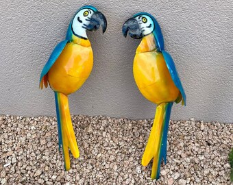 Handmade Metal Hanging Parrot Couple Set of 2 | Farmhouse Yard Art Garden Decor | Artisan Made Landscape Sculpture | Tropical Lawn Ornament
