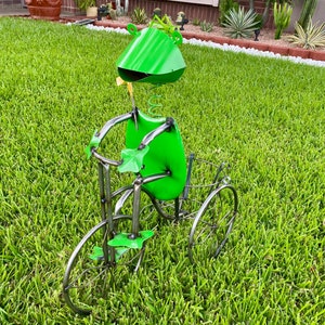 Handmade Metal Frog Tricycle Planter | Yard Art Garden Decor | Artisan Made Landscape Sculpture | Lawn Ornament