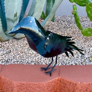 Handmade Metal Black Crow Raven | Farmhouse Yard Art Garden Decor | Artisan Made Landscape Sculpture | Lawn Ornament