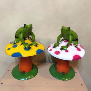 Handmade Metal Frog on Mushroom | Farmhouse Yard Art Garden Decor | Artisan Made Landscape Sculpture | Lawn Ornament