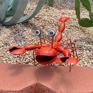Handmade Metal Crazy Eye Lobster Crab | Yard Art Garden Decor | Artisan Made Landscape Sculpture | Sealife Coastal Lawn Ornament