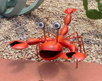Handmade Metal Crazy Eye Lobster Crab | Yard Art Garden Decor | Artisan Made Landscape Sculpture | Sealife Coastal Lawn Ornament
