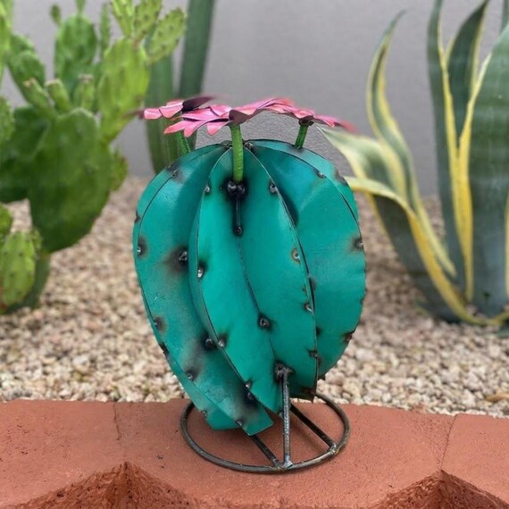 Large Handmade Metal Turquoise Bisnaga Cactus | Yard Art Garden