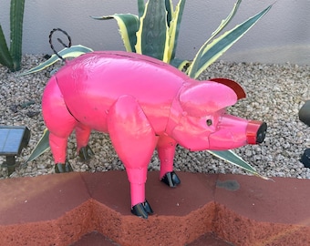 Handmade Lifesize Metal Pink Pig | Yard Art Garden Decor | Artisan Made Landscape Sculpture | Farm Lawn Ornament