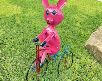 Handmade Metal Pink Pig Tricycle Planter | Yard Art Garden Decor | Artisan Made Landscape Sculpture | Lawn Ornament