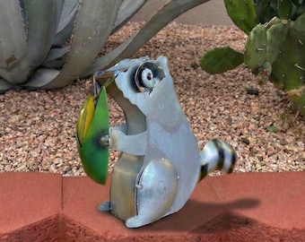 Handmade Metal Raccoon with Corn | Yard Art Garden Decor | Artisan Made Landscape Sculpture | Lawn Ornament