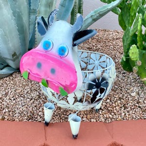 Lifesize Handmade Metal Flower Cow Planter | Farmhouse Yard Art Garden Decor | Artisan Made Landscape Sculpture | Blooming Lawn Ornament