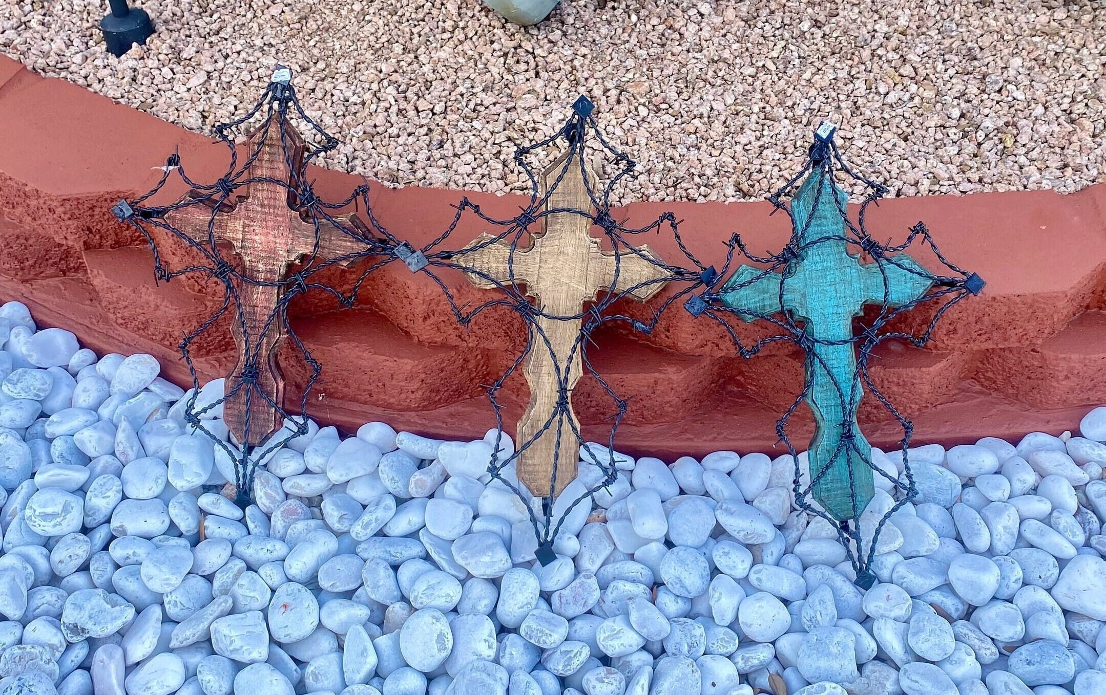 Handcarved Wooden Jesus Cross With Barbed Wire | Yard Art Garden