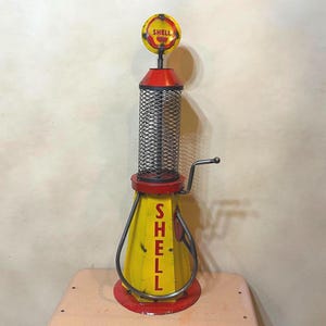 Metal Shell Antique Gas Pump | Mancave Garage Decor | Artisan Made Yard Art | Bar Ornament | Vintage Enthusiast | Father's Day Gift