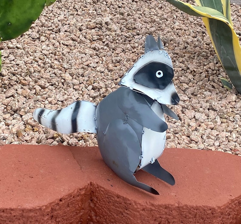 Handmade Metal Sitting Raccoon | Yard Art Garden Decor | Artisan Made ...