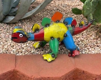 Handmade Metal Multicolor Stegosaurus Dinosaur | Yard Art Garden Decor | Artisan Made Landscape Sculpture | Jurassic Dino Lawn Ornament