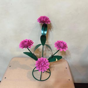 Handmade Metal Pink Dalia Flower Bouquet | Farmhouse Yard Art Garden Decor | Artisan Made Landscape Sculpture | Lawn Ornament