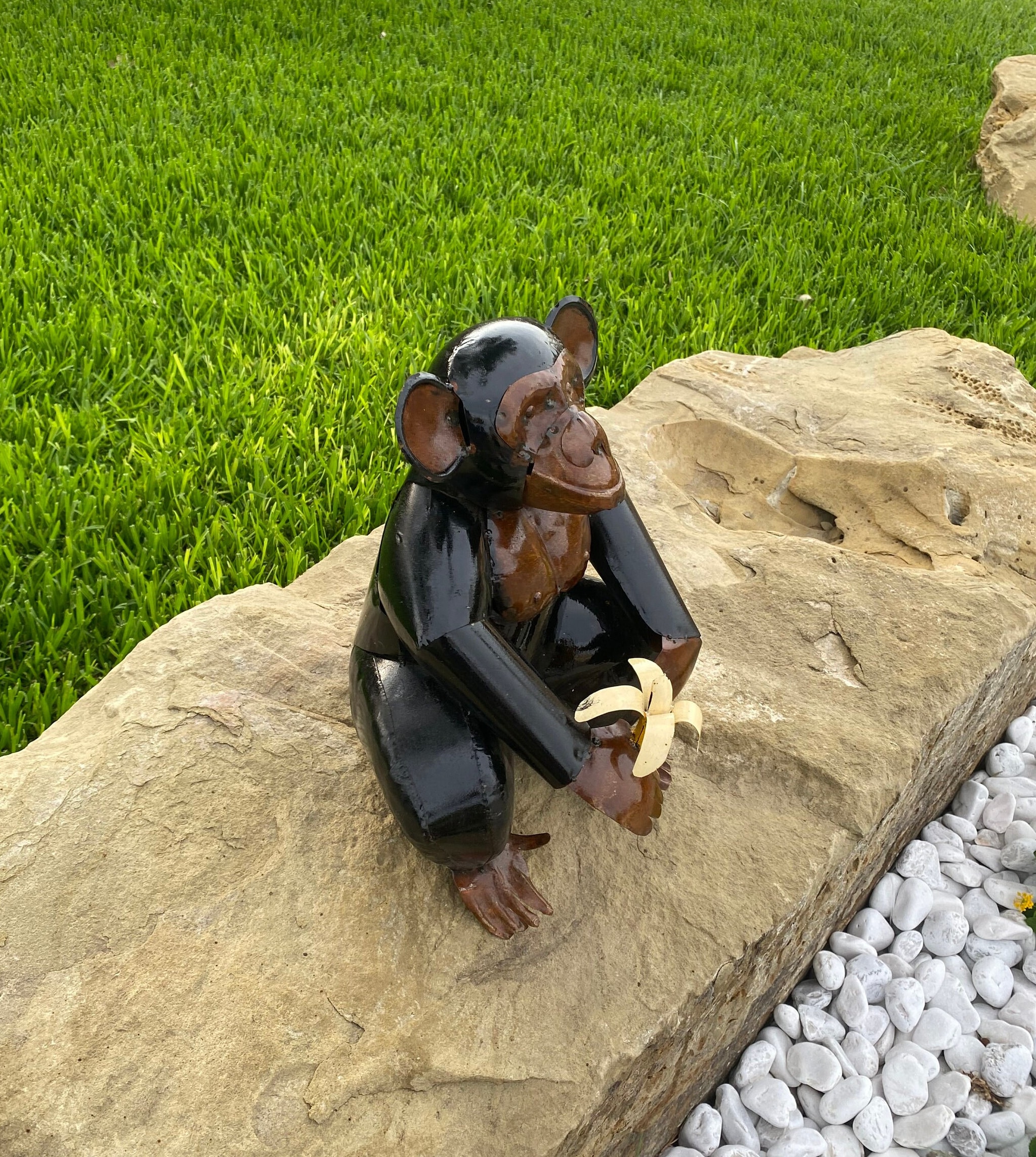 Handmade Metal Monkey Chimp With Banana | Yard Art Garden Decor