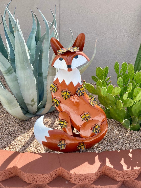 Lifesize Handpainted Metal Fox With Autumn Leaves | Yard Art