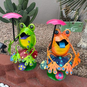 Lifesize Handmade Metal Frog with Mushroom Umbrella | Farmhouse Yard Art Garden Decor | Artisan Made Landscape Sculpture | Lawn Ornament