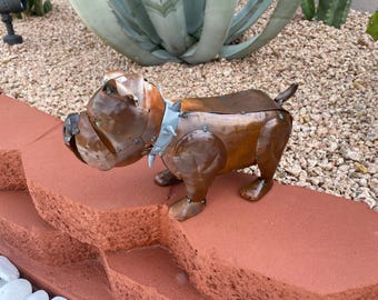 Handmade Rustic Metal Bulldog Puppy | Farmhouse Yard Art Garden Decor | Artisan Made Landscape Sculpture | Lawn Ornament
