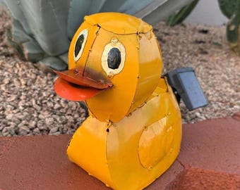 Handmade Metal Yellow Donald Duck | Farmhouse Yard Art Garden Decor | Artisan Made Landscape Sculpture | Lawn Ornament