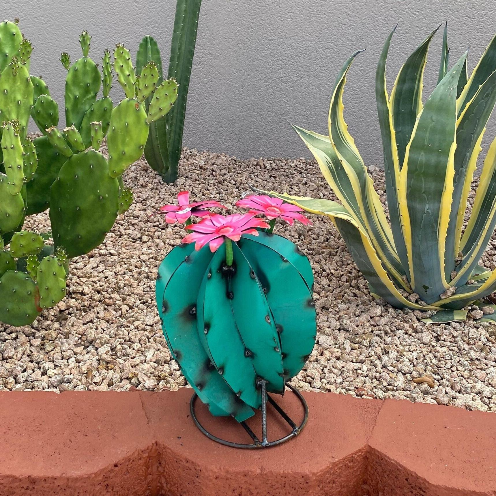 Large Handmade Metal Turquoise Bisnaga Cactus | Yard Art Garden