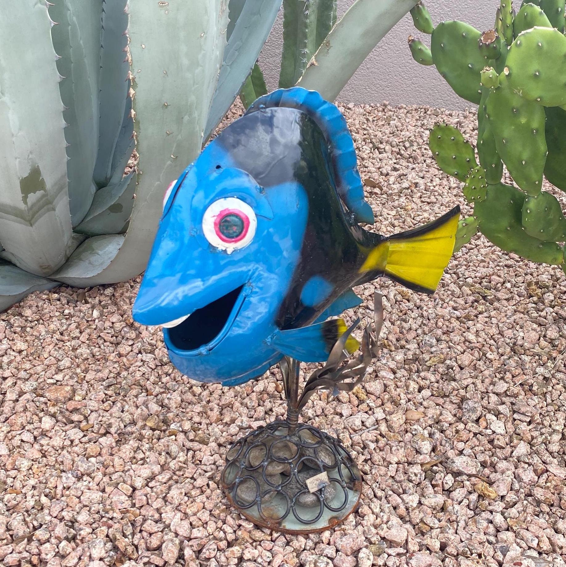 Handmade Metal Dory Blue Tang Fish Finding Nemo | Tropical Yard Art Garden Decor | Artisan Made Landscape Sculpture | Nautical Lawn Ornament