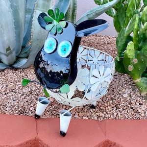 Lifesize Handmade Metal Flower Sheep Planter | Farmhouse Yard Art Garden Decor | Artisan Made Landscape Sculpture | Blooming Lawn Ornament
