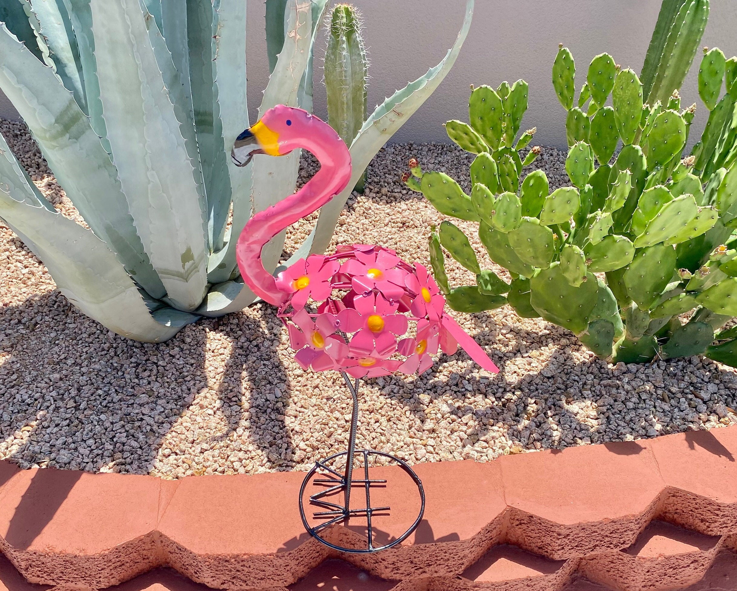 Handmade Metal Flamingo with Flowers | Nautical Yard Art Garden Decor |  Artisan Made Landscape Sculpture | Tropical Lawn Ornament, image size:2435x1953