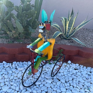 Handmade Metal Multicolor Donkey Tricycle Planter | Yard Art Garden Decor | Artisan Made Landscape Sculpture | Lawn Ornament