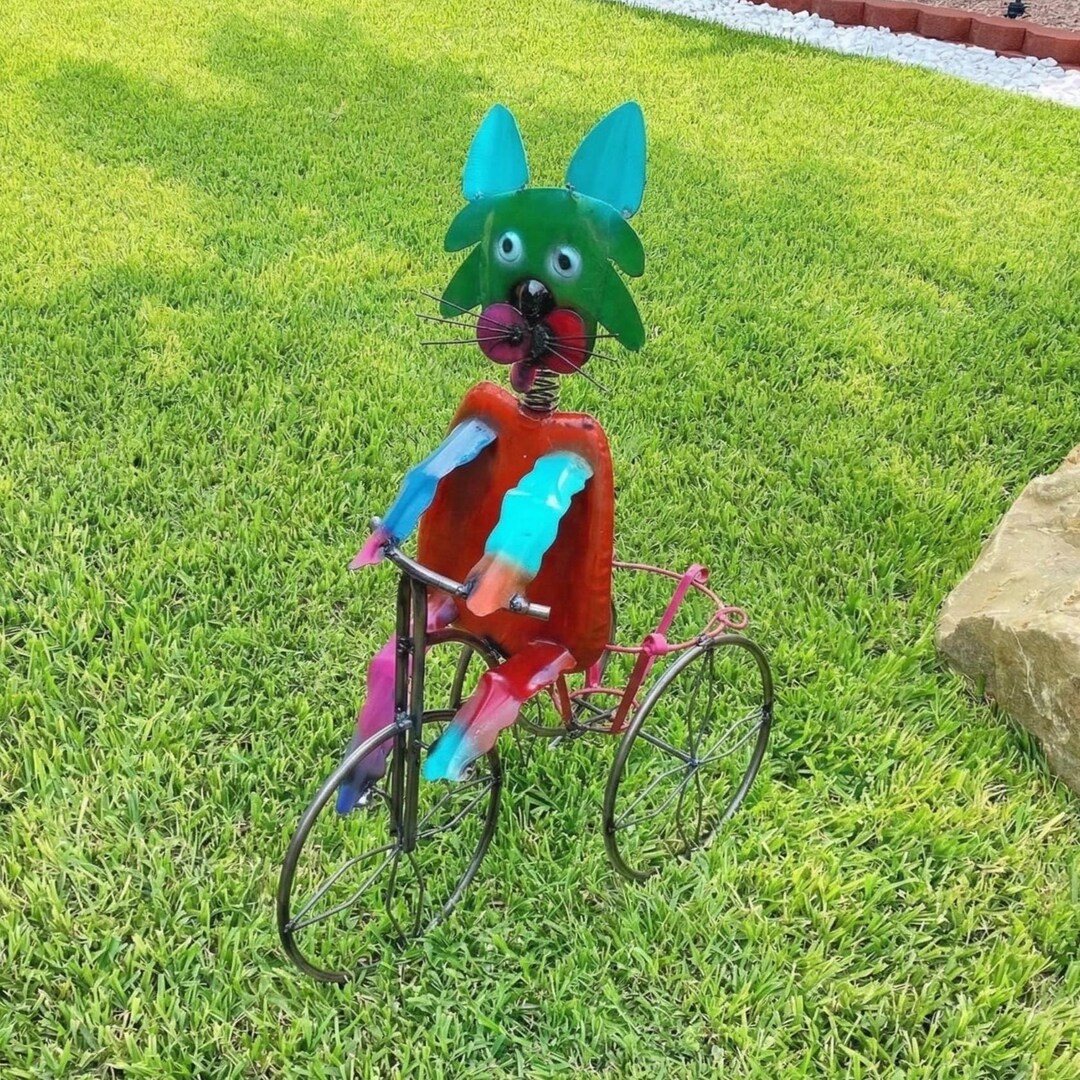Handmade Metal Multicolor Cat Tricycle Planter | Farmhouse Yard
