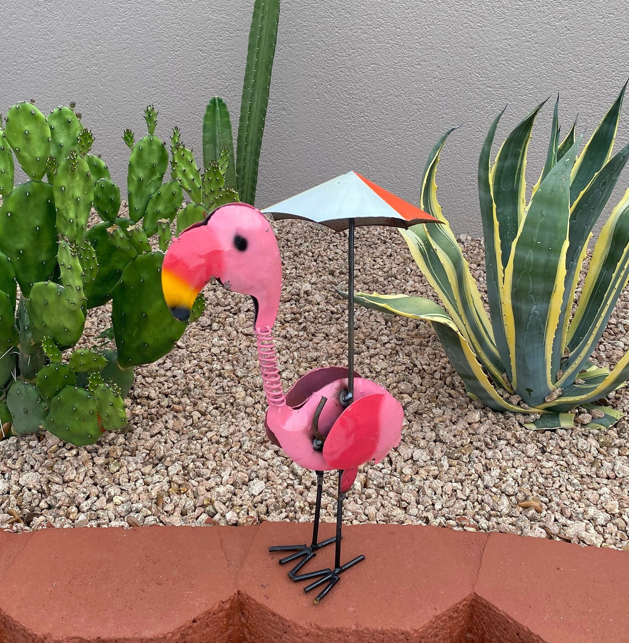 Handmade Metal Flamingo with Beach Umbrella | Farmhouse Yard Art Garden  Decor | Artisan Made Landscape Sculpture | Tropical Lawn Ornament, image size:2008x2051