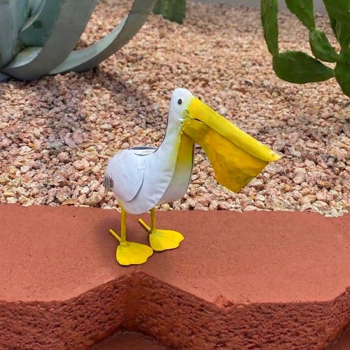 Handmade MIni Metal Pelican on Post | Yard Art Garden Decor | Artisan Made Landscape Sculpture | Lawn Ornament Coastal Vibes