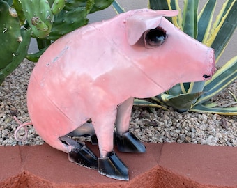 Large Handmade Metal Sitting Pig | Farmhouse Yard Art Garden Decor | Artisan Made Landscape Sculpture | Lawn Ornament