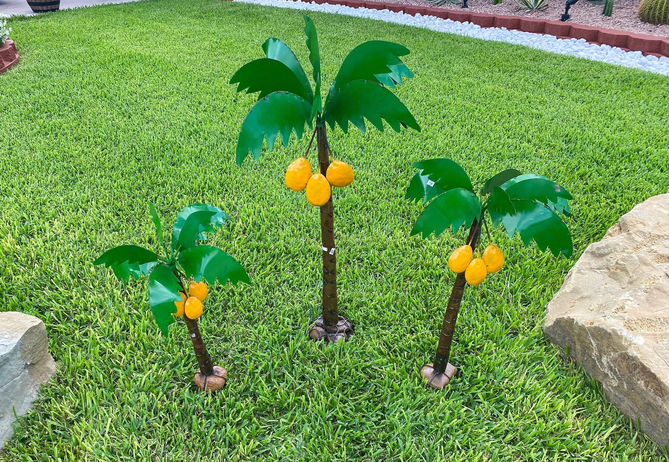 Metal Palm Tree Set of 3 | Beach Yard Art Garden Decor | Artisan Made Landscape Sculpture | Tropical Plant Lawn Ornament