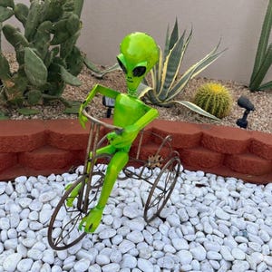 Handmade Metal Alien Tricycle Planter | Yard Art Garden Decor | Artisan Made Landscape Sculpture | Lawn Ornament