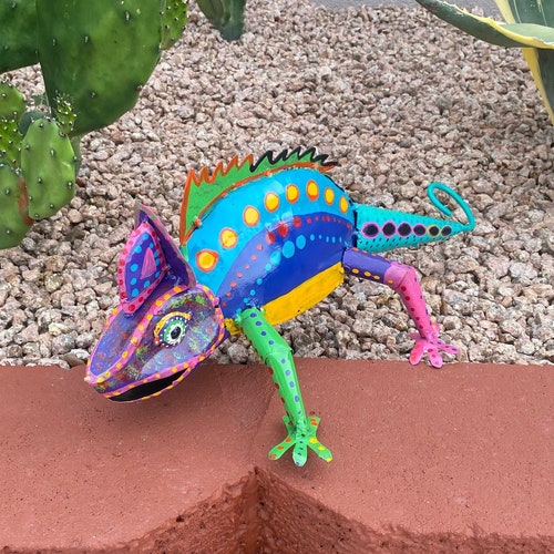 Handpainted Metal Chameleon Lizard Gecko | Yard Art Garden Decor