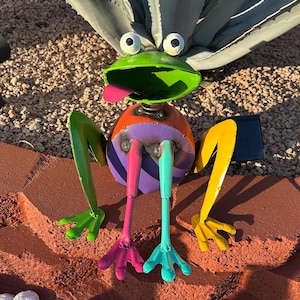Handmade Multitcolor Metal Crazy Frog  | Farmhouse Yard Art Garden Decor | Artisan Made Landscape Sculpture | Lawn Ornament