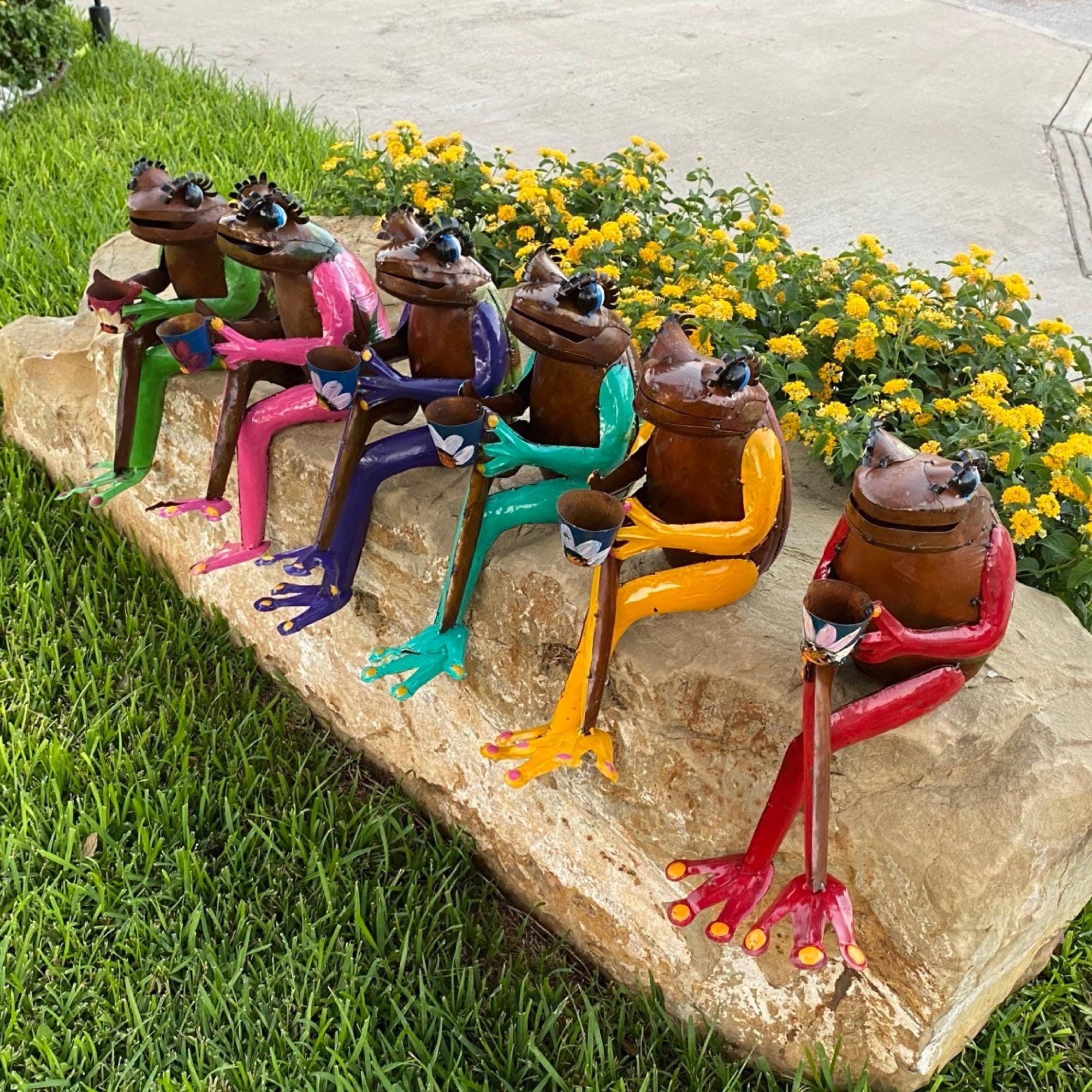 Handpainted Metal Coffee Frog With Flower | Yard Art Garden Decor