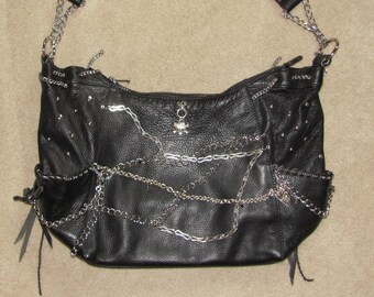 Upcycled Black Leather and Chain shoulder bag